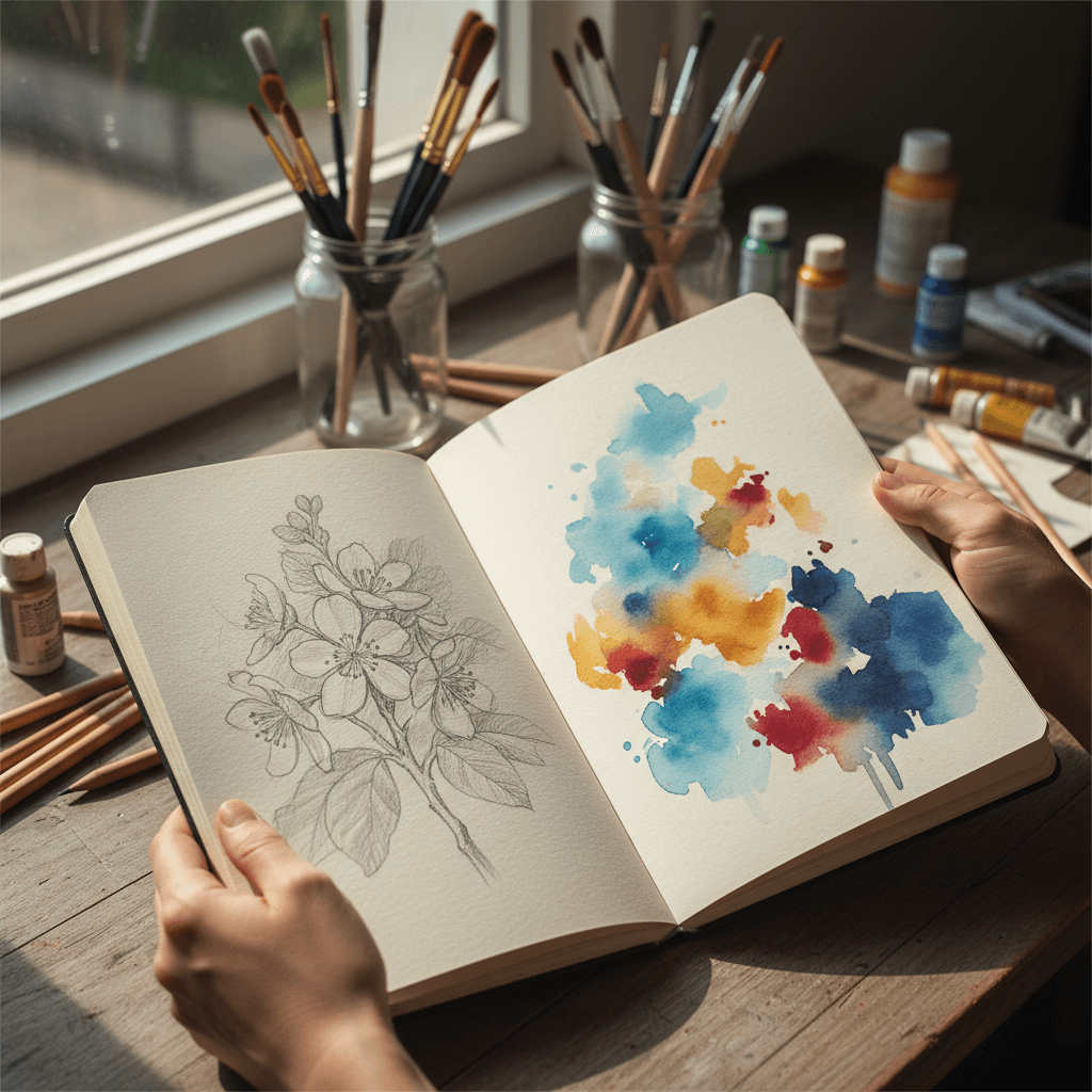 Open sketchbook with varied drawings and art supplies