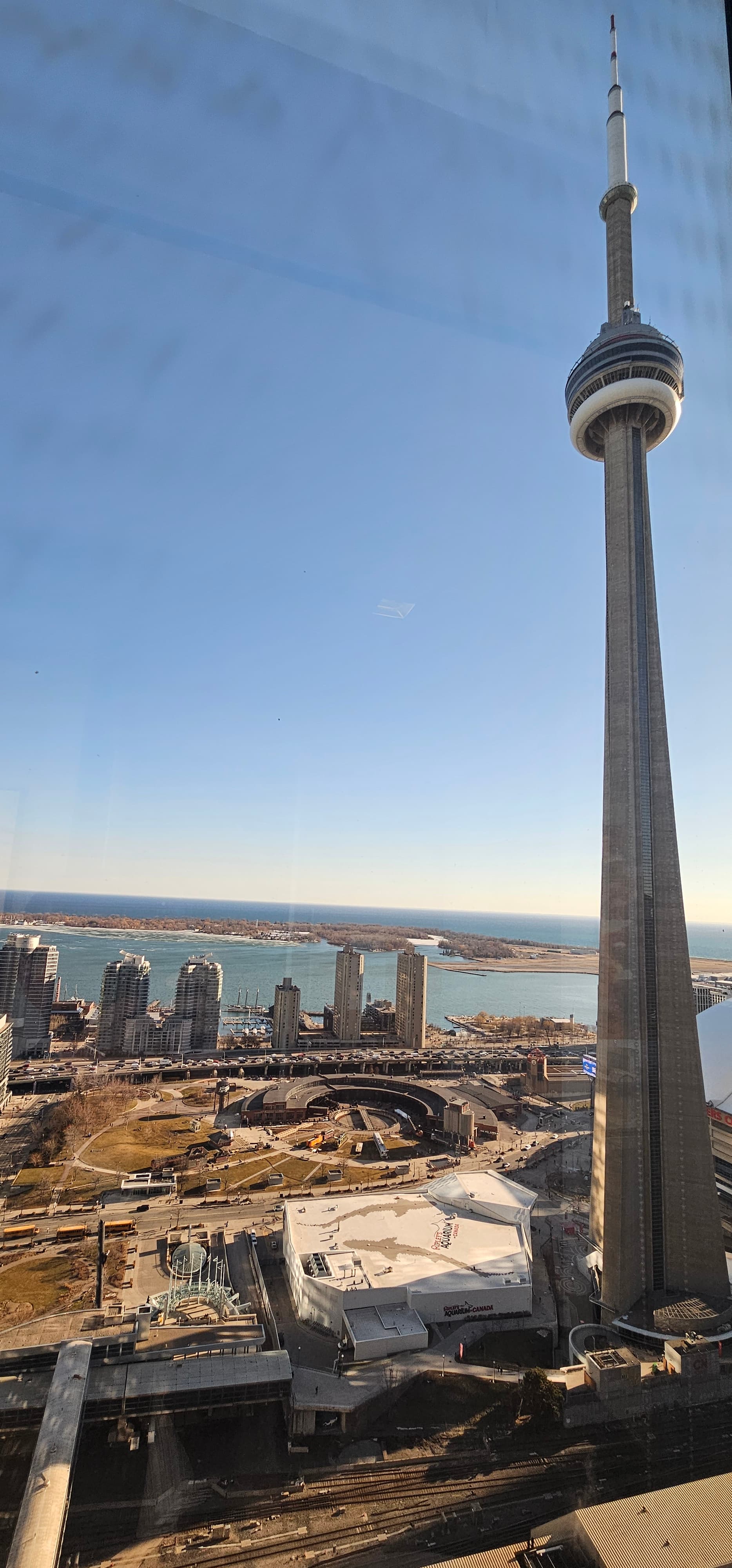 The CN Tower towers over Toronto's waterfront, Ripley's Aquarium, and the John Street Roundhouse.
