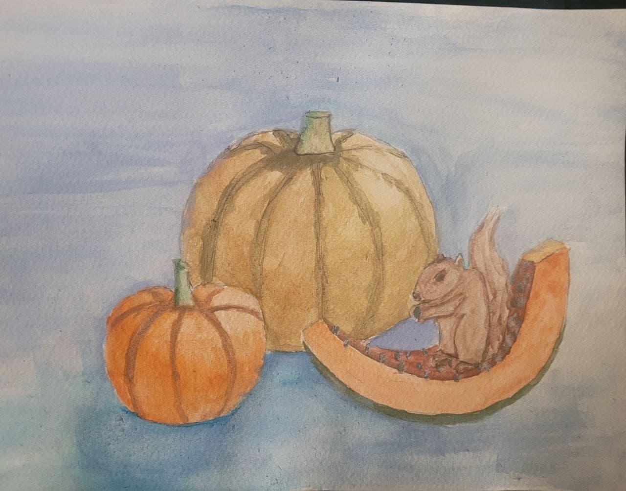 Watercolor painting of a squirrel perched on a pumpkin slice beside two whole pumpkins.