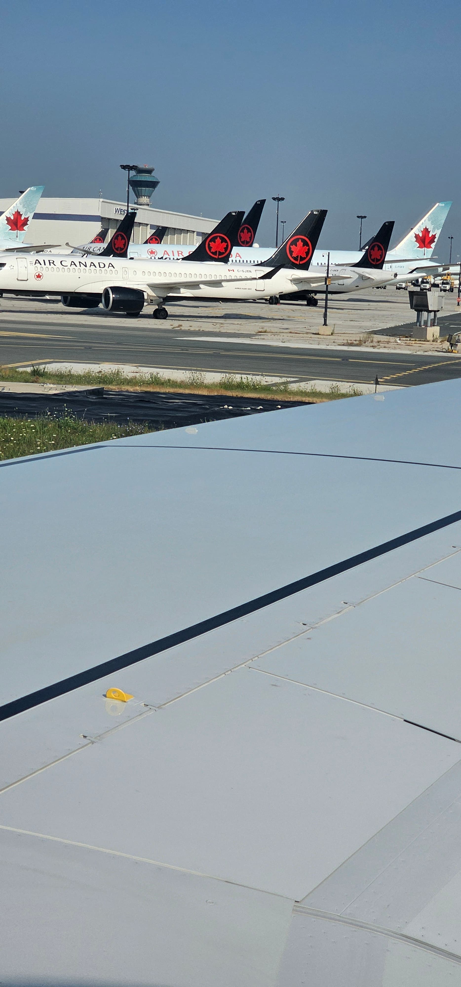 Airplane wing overlooking a row of Air Canada planes parked on the airport tarmac.