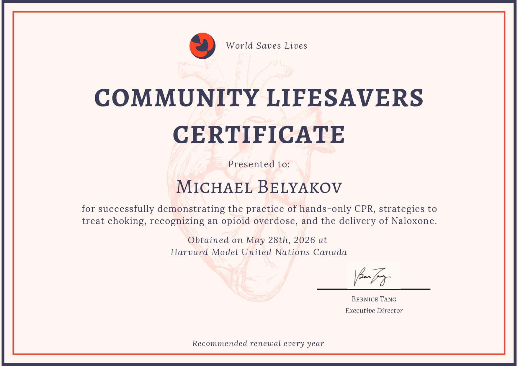 Community Lifesavers Certificate awarded to Michael Belyakov for CPR, choking, and overdose response training.
