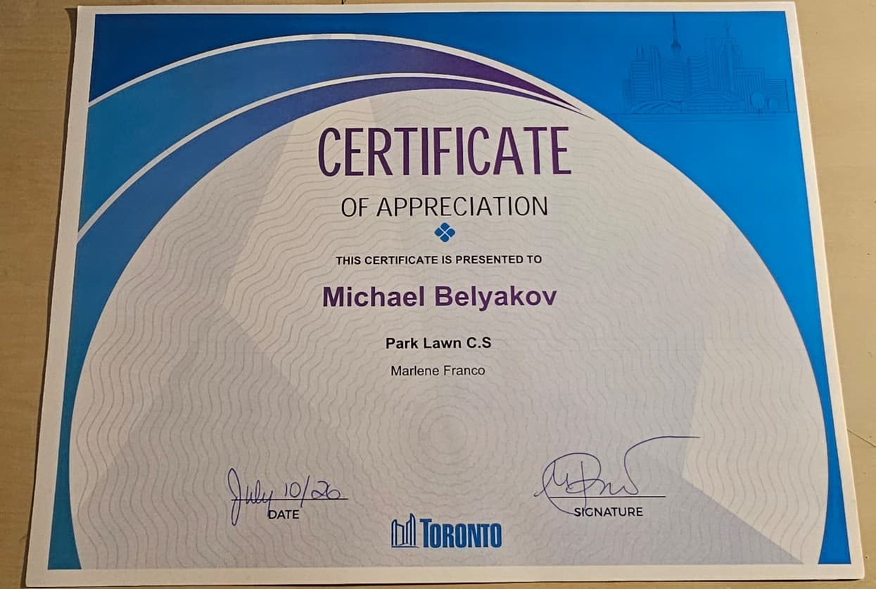 City of Toronto Certificate of Appreciation presented to Michael Belyakov, dated July 10, 2020.