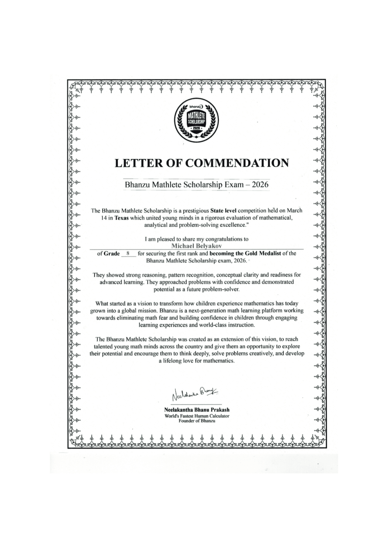 Letter of Commendation for Michael Belyakov, Gold Medalist of the 2026 Bhanzu Mathlete Scholarship Exam.