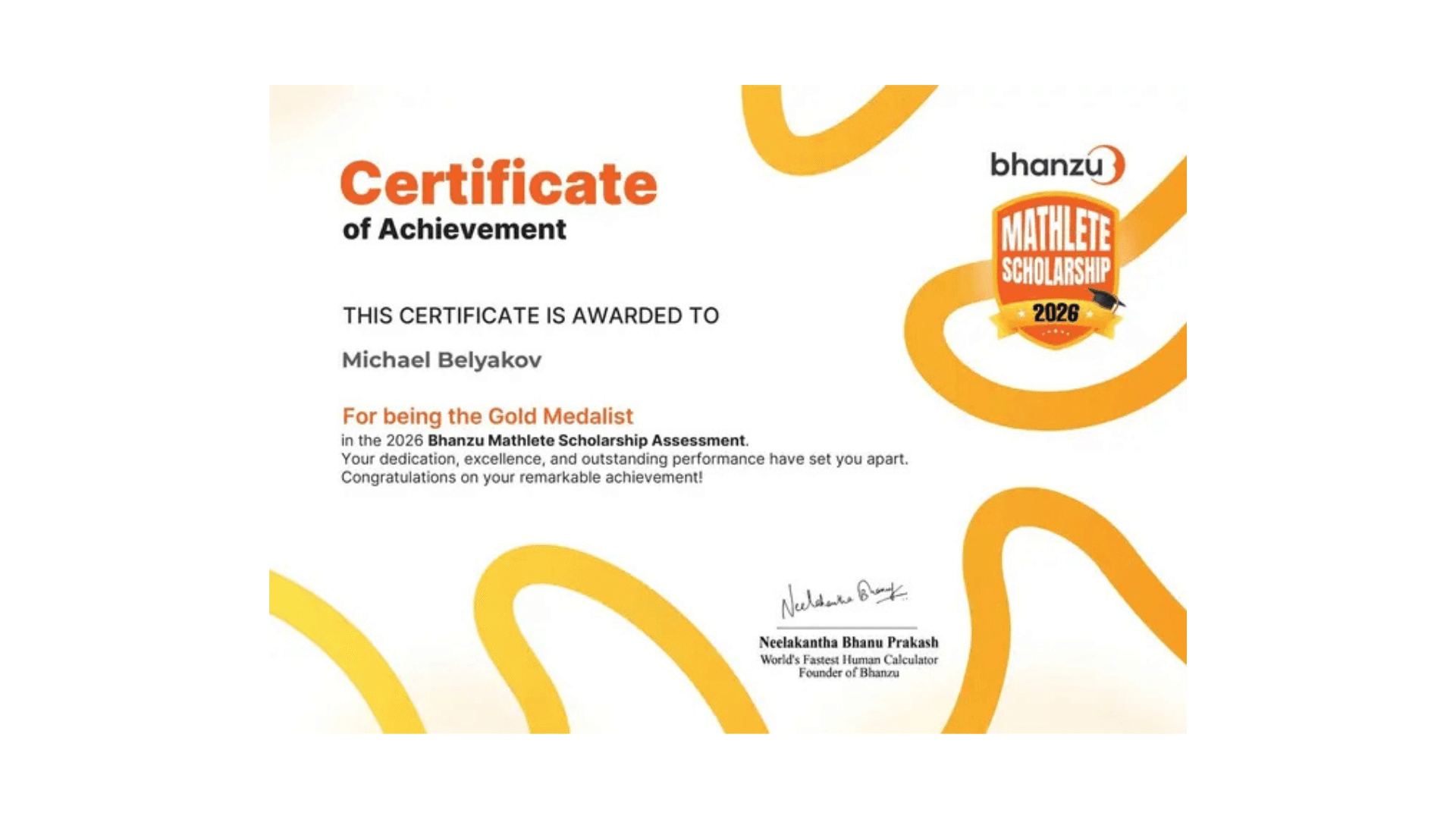 Certificate of Achievement awarded to Michael Belyakov, 2026 Bhanzu Mathlete Scholarship Assessment Gold Medalist.