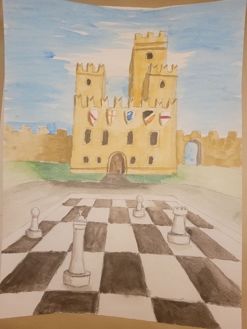 Watercolor painting of white chess pieces on a board in front of a yellow castle.