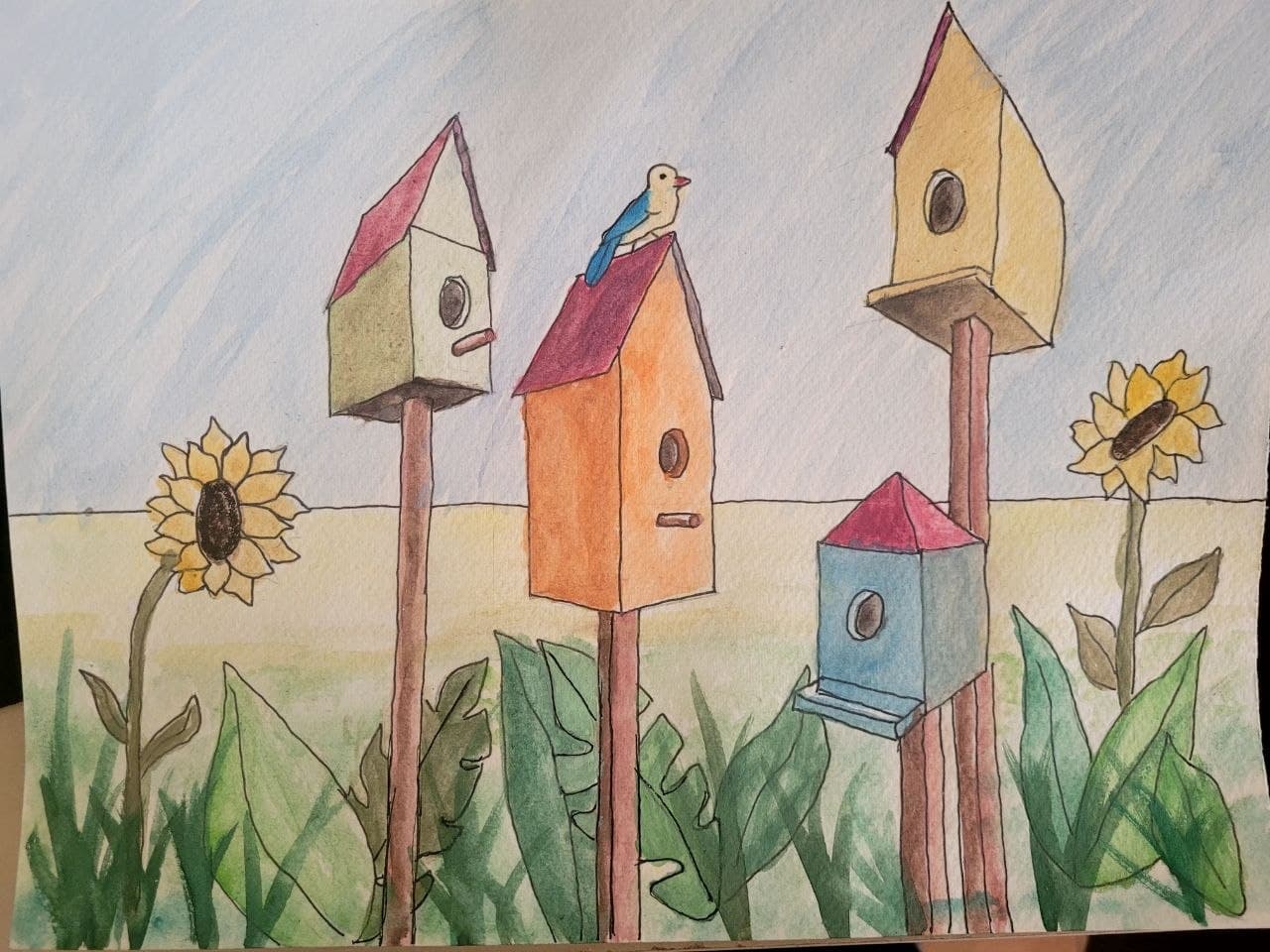 Watercolor drawing of four colorful birdhouses on poles with a small bird and sunflowers.