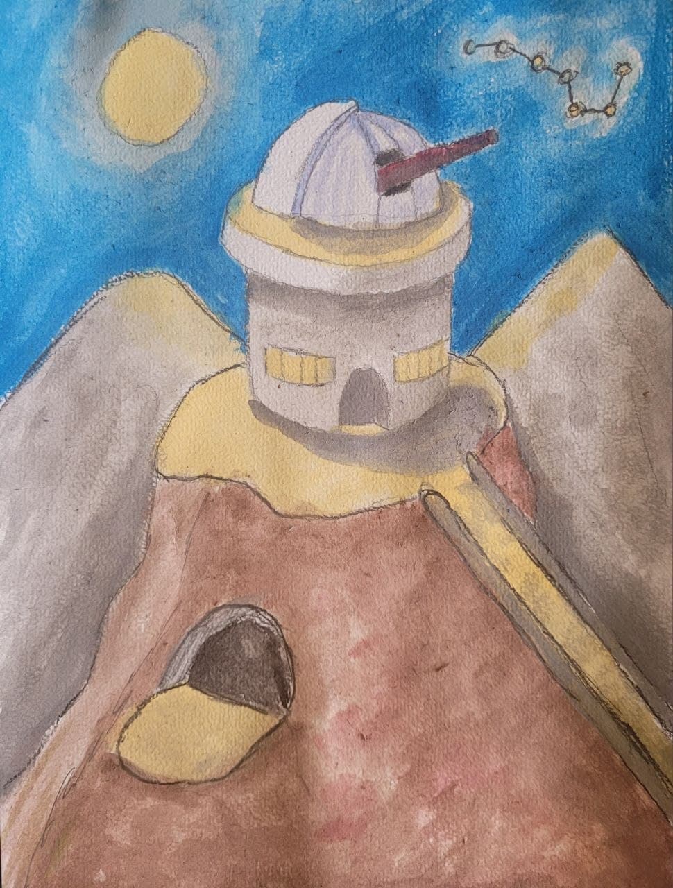 Watercolor painting of a mountain observatory with a telescope under a moonlit sky and constellation.
